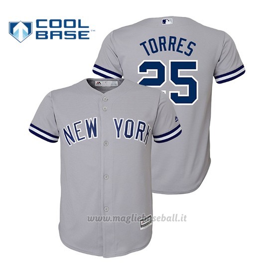 Maglia Baseball Bambino New York Yankees Gleyber Torres Cool Base Official Road Grigio
